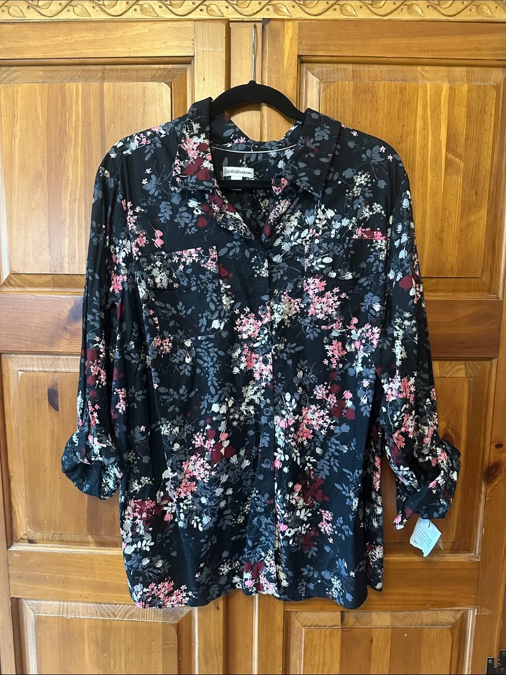 NWT croft & barrow Black Floral Button-Down Shirt with Pink and Blue Accents 2X
